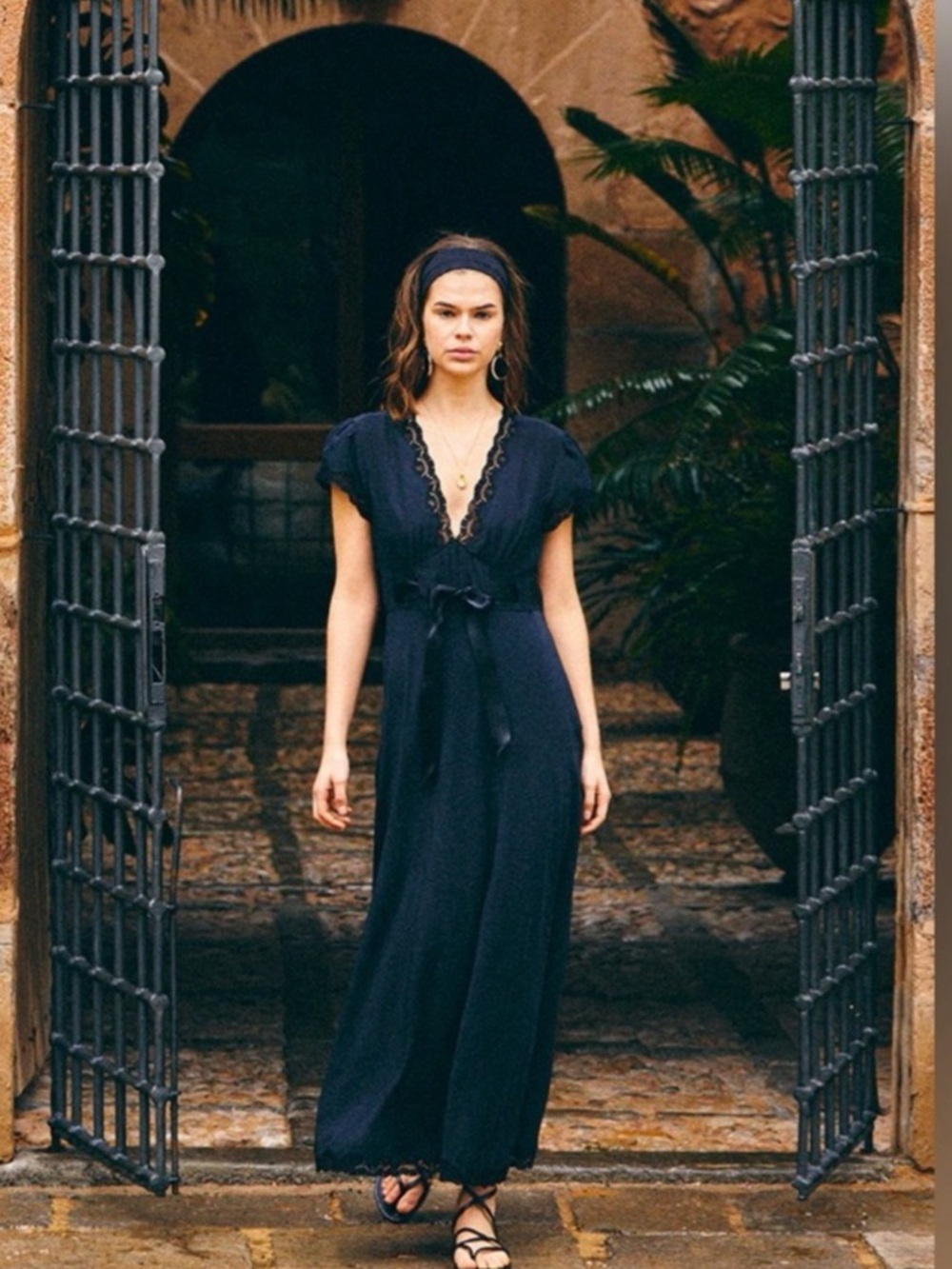 RIXO London Marlice 100% Silk Black Lace Trim Ribbon Tie Maxi Dress S US 6